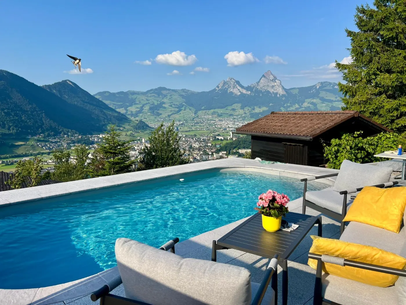 Piscine Waterair avec panorama sur les montagnes — réalisation Magicpool