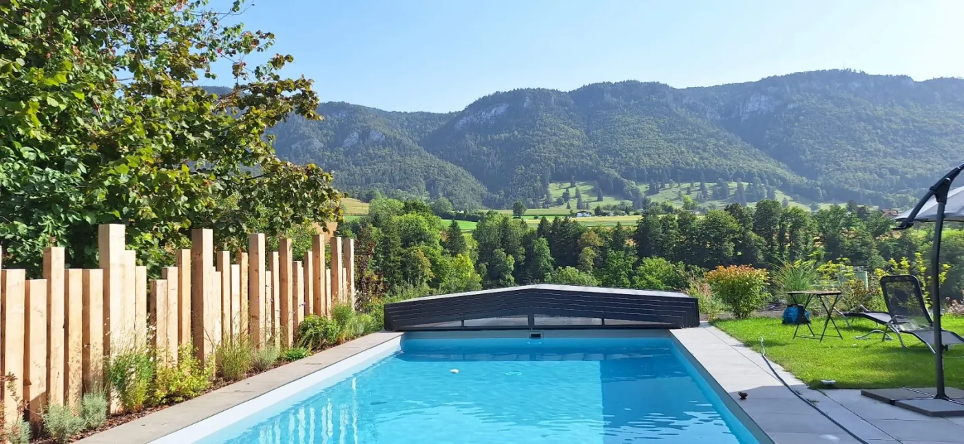 Piscine Waterair rectangulaire avec vue sur le Jura — réalisation Magicpool